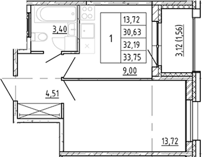 1-комнатная квартира 30.63 м², 5/12 эт., ЖК «Полис Новоселье»